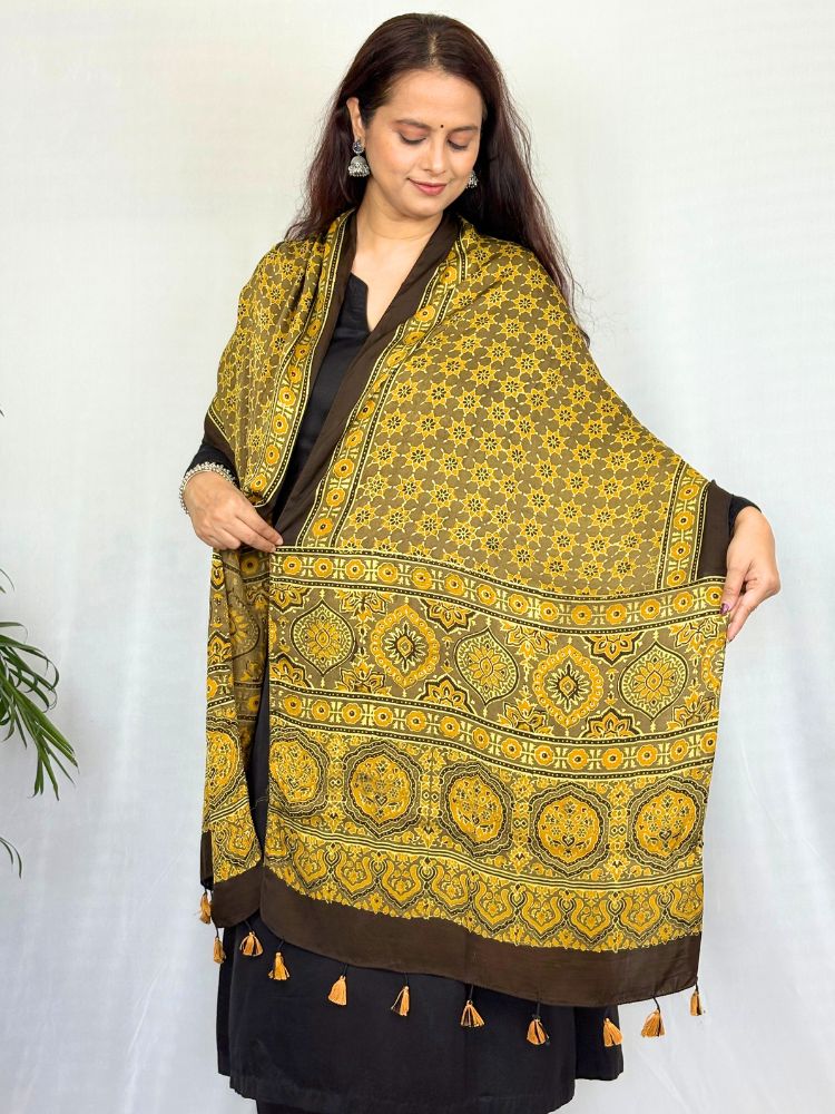 Sunshine Charm – Yellow Modal Silk Ajrakh Hand Block Stole